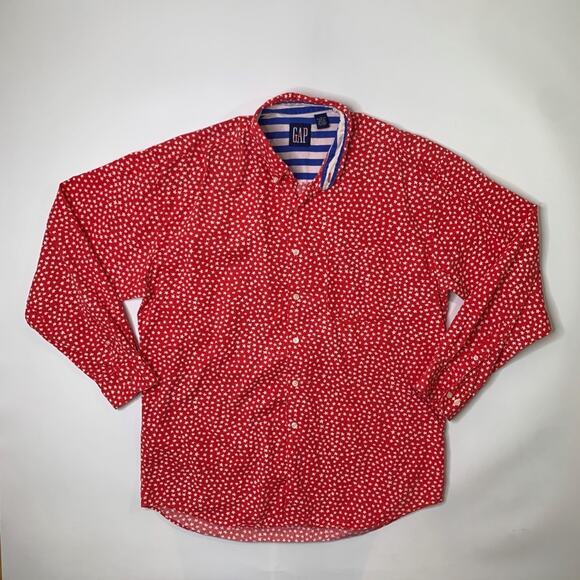 Vintage Gap Shirt Mens L Large Red Cotton Star AOP Printed Patriotic Long Sleeve - Picture 2 of 7